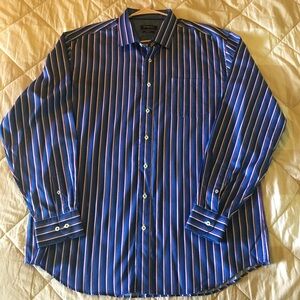 Bugatchi Classic Fit Luxury Cotton Men's Blue Striped Dress Shirt Size XXL